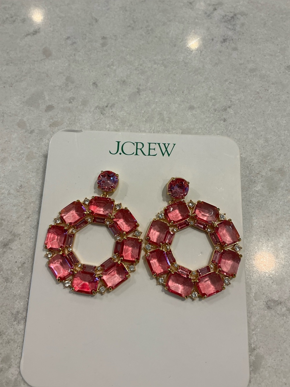 J.Crew Gold-Setting Pink Crystal Hoop Drop Earrings